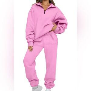 Pink Two Piece Loungewear Sweatsuit Quarter Zip Pullover and Sweatpants NEW